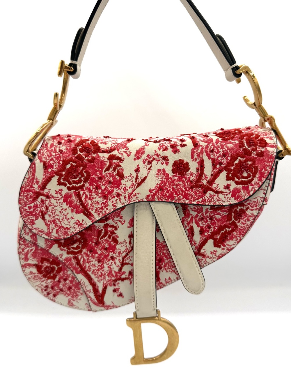 Dior Limited Edition Red and White Rose Beaded Embroidered Saddle Shoulder Bag